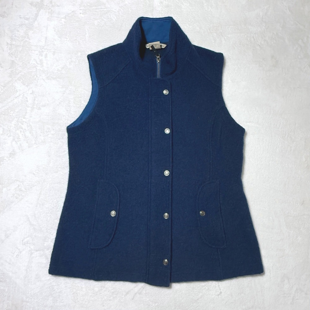 ExOfficio Boucle Felted Wool Blend Vest Large Blue Full Zip Snap Pockets
